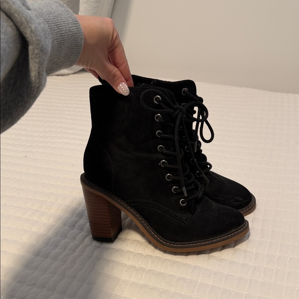 Madden Girl Black Lace-Up Boots with Brown Heel